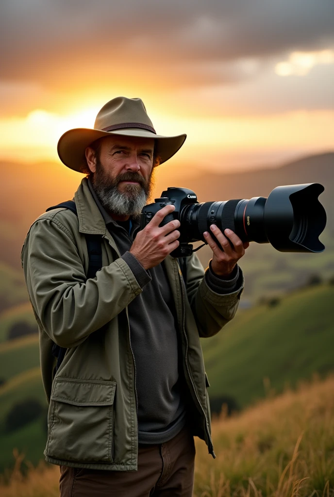 10000mm lens camera canon . Very big lens. Zoom lens. Very long lens.. a man holding camera