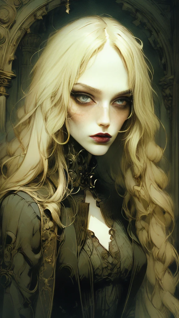 japanese woman, (vampire), (goth vampire), 8k, absurd res, ((wide eyes)), flawless face, girl with a soft body, beautiful woman, perfect face, (symmetrical), 1girl, average mature body, natural body, ((half body image)), very femenine, solo, masterpiece, highly detailed, flawless eyes, ((detailed eyes)), expressive detailed eyes, gothic beauty, pale skin, wide eyed, (detailed pupils), realistic skin, some freckles, realistic skin texture, ((small breasts)), blushing, super detailed skin, smooth background, shy face, analog style, dim moody lighting, atmospheric, ((very long beautiful white hair)), (very long hair), wearing a revealing black victorian dress, cleavage, (slender but beautiful body), gothic old castle interior at background, 4k, 8k, 35 mm, intricate details, incredibly detailed, Soft cinematic light, Hdr, sharp focus, complex, elegant, centered, mysterious concept