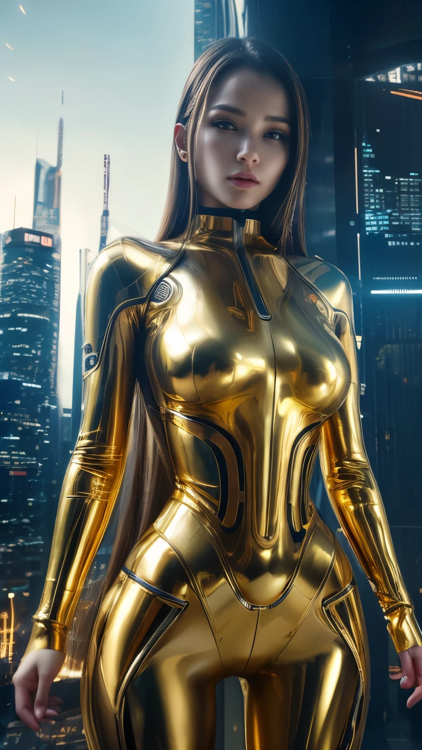 Fine gold translucent mechanical girl., futuristic girl, mechanical joint, Futuristic urban background, model shoot style, (Very detailed Cg Unity 8k Wallpaper), Abstract style beauty,, Surrealism, 8k, Super detailed, Best Quality, Award-winning, Anatomically correct, 16k, Very detailed