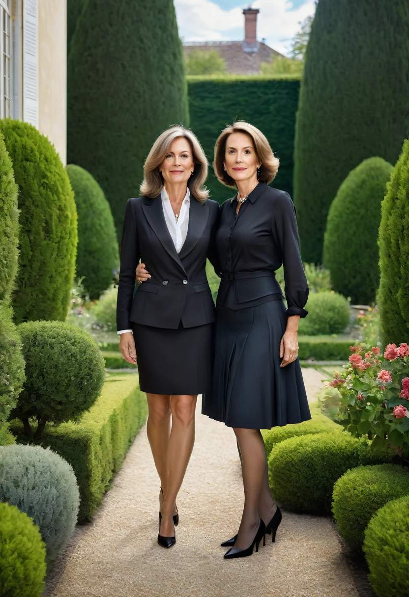 Photo réaliste de 2 femme bourgeoise mince de 45 ans et 35 ans. Dans jardin de maison. couple lesbien evident. elles s'embrassent, elles ne regardent pas l'objectif, type photo volée. une est une femme chatain et l'autre une femme brune. cheveux courts droit. portant un chemisier et un tailleur. jupe. Des talons, jambes, bas resille noir.