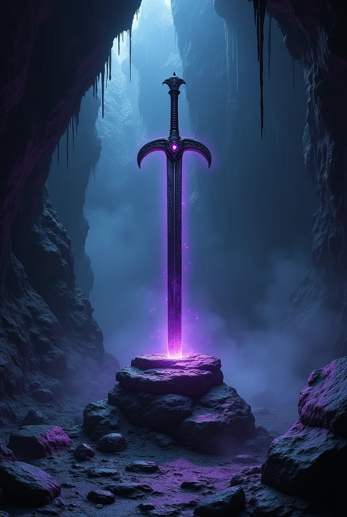 masterpiece、Highest quality、Very detailed、Ultra-high resolution、cave、Sword in the rock、Dark purple aura