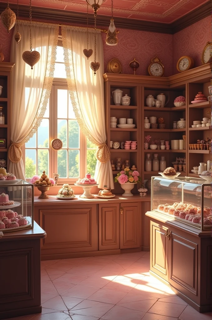 inside soft pink and brown cute victorian era theme chocolate shop, fantasy world, chocolate world