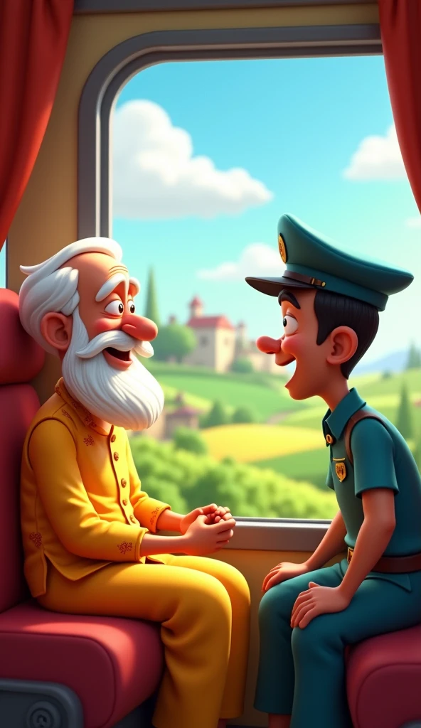 Ek baba train mein Tc baat karta hua 3D animation cartoon style