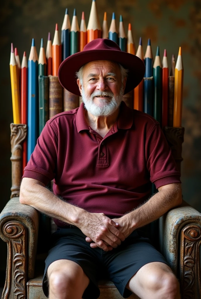 An old white royal man sitting on a throne. The man has no beard
. The throne is made from pencils and dictionaries. He is wearing maroon polo and black school shorts. The image would look like a painting from the 1600s. His crown is a maroon wide brim hat.