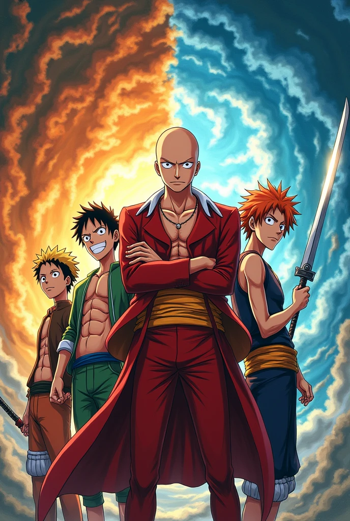 crossover anime image characters from one punch man, one piece, naruto, demon slayer, bleach. portrait 9:16