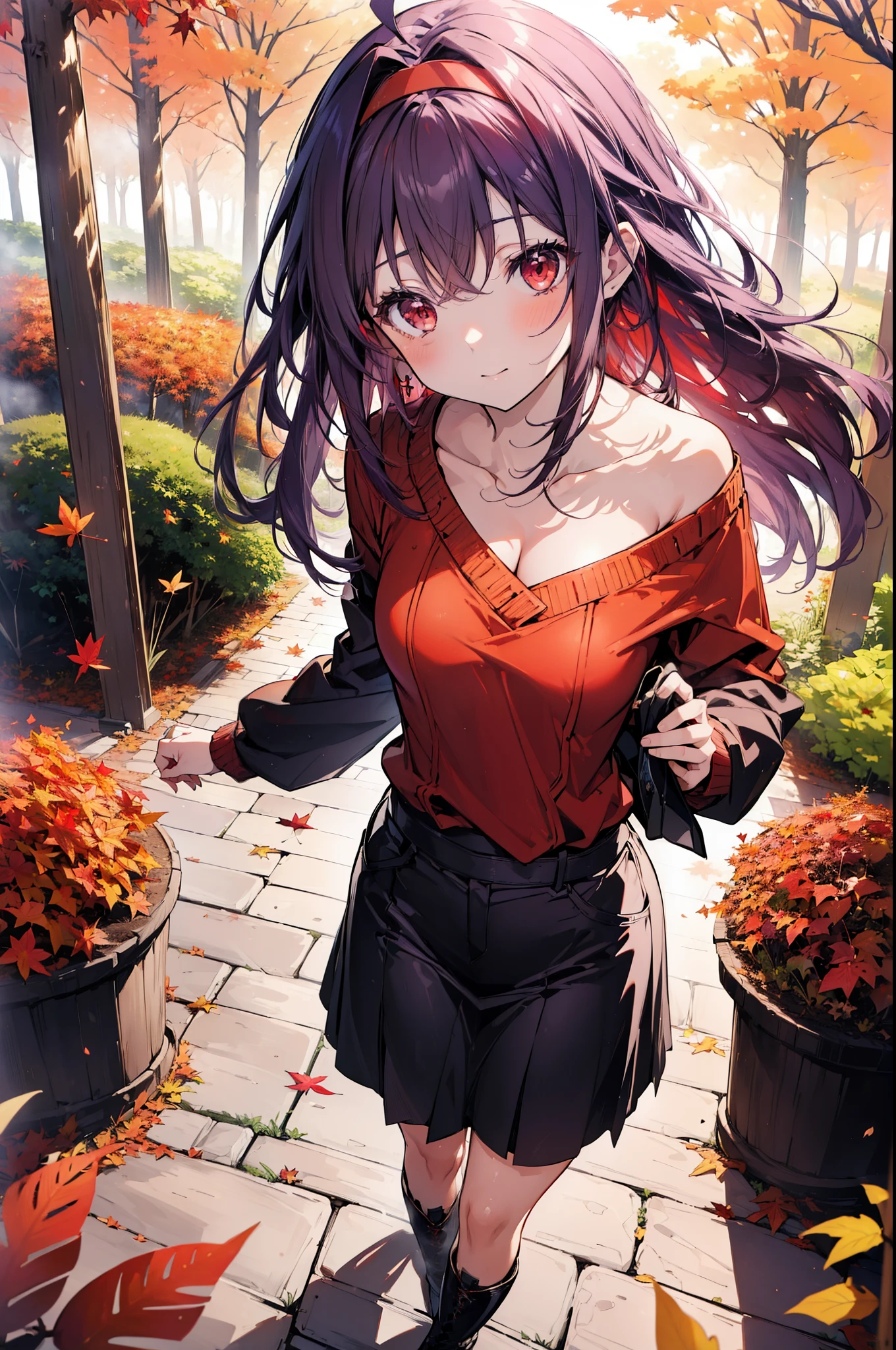 yuukikonno, Yuuki Konno, hair band, Long Hair, Pointed Ears, Purple Hair, Ahoge,(Red eyes:1.5), (Small breasts:1.2), smile,blush,Close your mouth,Purple one-shoulder sweater,mini skirt,Black tights,short boots,Walking,autumn leaves,autumn leaves,scattered,autumn leavesが積もっている,Autumn sky,whole bodyがイラストに入るように,
break looking at viewer, whole body,
break outdoors, garden,forest, nature,
break (masterpiece:1.2), Highest quality, High resolution, unity 8k wallpaper, (figure:0.8), (Beautiful attention to detail:1.6), Highly detailed face, Perfect lighting, Highly detailed CG, (Perfect hands, Perfect Anatomy),