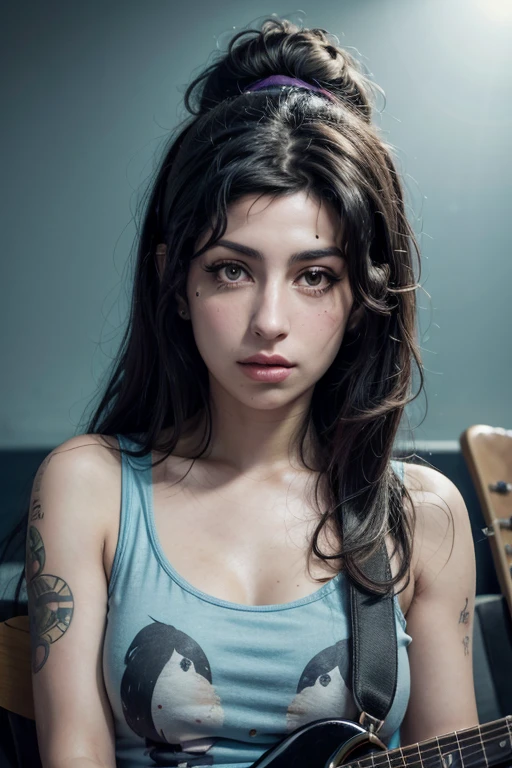 Surrealism painting, amy Winehouse, wearing a low-cut shirt , transparentes , Blues,putting on skates, and guitar playing blues.looking straight at the camera , face in high definition HD, 8k, sign above the lips at the corner of the mouth.
