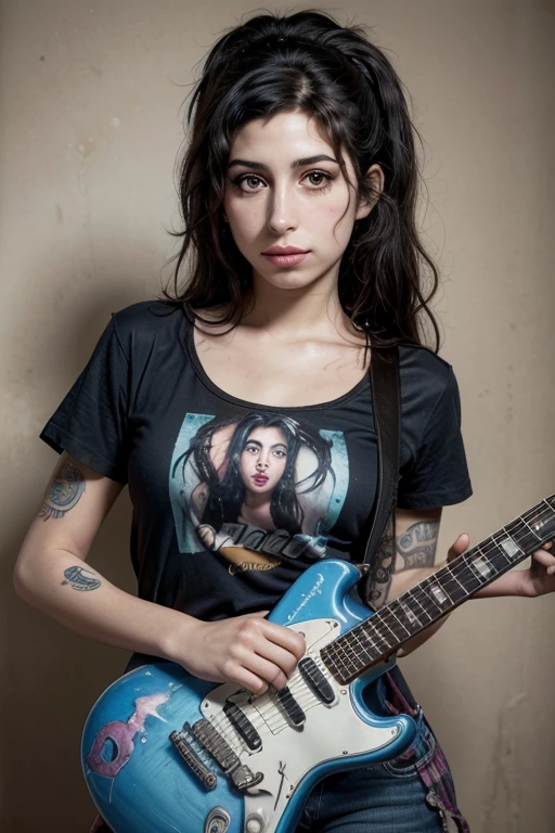 Surrealism painting, amy Winehouse, wearing a low-cut shirt , transparentes , Blues,putting on skates, and guitar playing blues.looking straight at the camera , face in high definition HD, 8k, sign above the lips at the corner of the mouth.