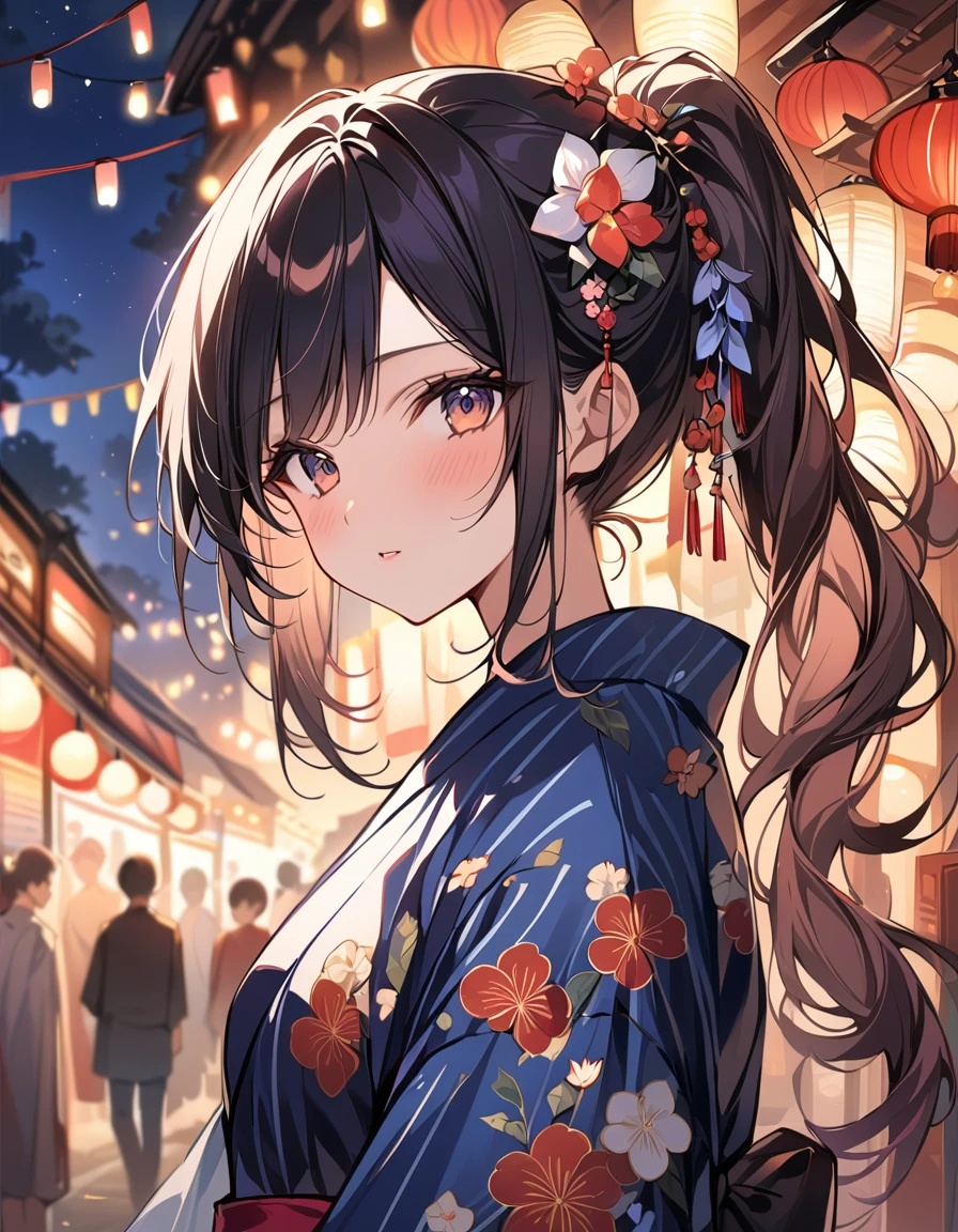 (masterpiece:1.2),(anime),girl、cute、long Hair、ponytail、hair ornaments、Girl wearing yukata,Night stalls、Festivals、summer night、Light production、Beautiful artwork、Detailed drawing、A Scene of Youth,Close-up