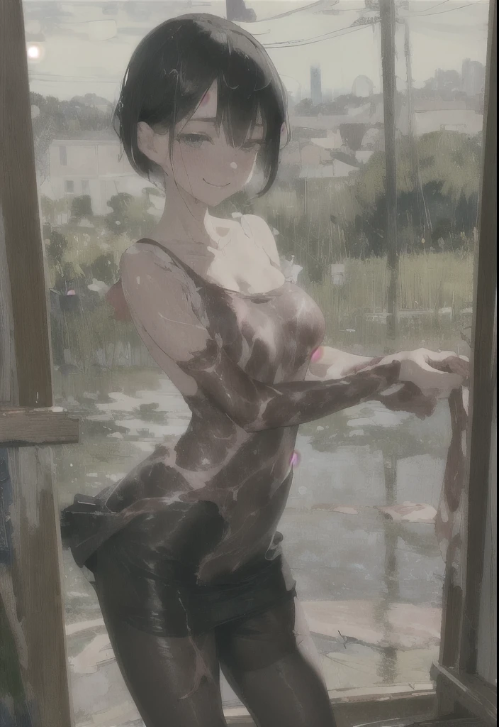 nsfw:1.5,Doll， Lonely,Hip，bangs, Long eyelashes, Beautiful Eyes, full，camisole，Short skirt，stockings, leggings，(Strokes, Impressionism, Painting，Rich landscape)、Disarray，Breast contour、(((Wet clothes))(((Ultra-thin clothing))),((Meat outline)),Grin