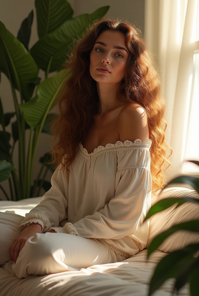 (photorealism:1.2), beautiful woman, sitting on bed, wearing loose off-shoulder top, pajama pants, long curly hair, indoors, soft lighting, plants in background, window with sunlight, cozy room, relaxed pose, realistic, intricate details, warm colors, by Greg Rutkowski, by Alphonse Mucha