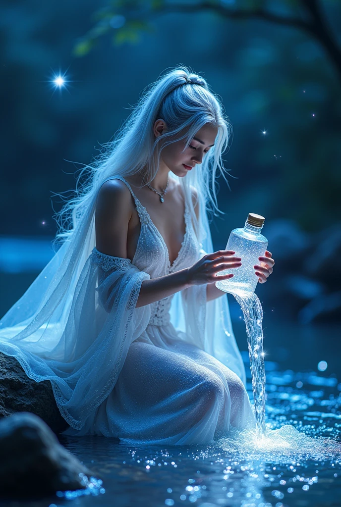 Aquarius, a female deity, exudes a gentle radiance all over her body. Sitting by the Milky Way, the water bottle in her hand flows out into a starry river,4K