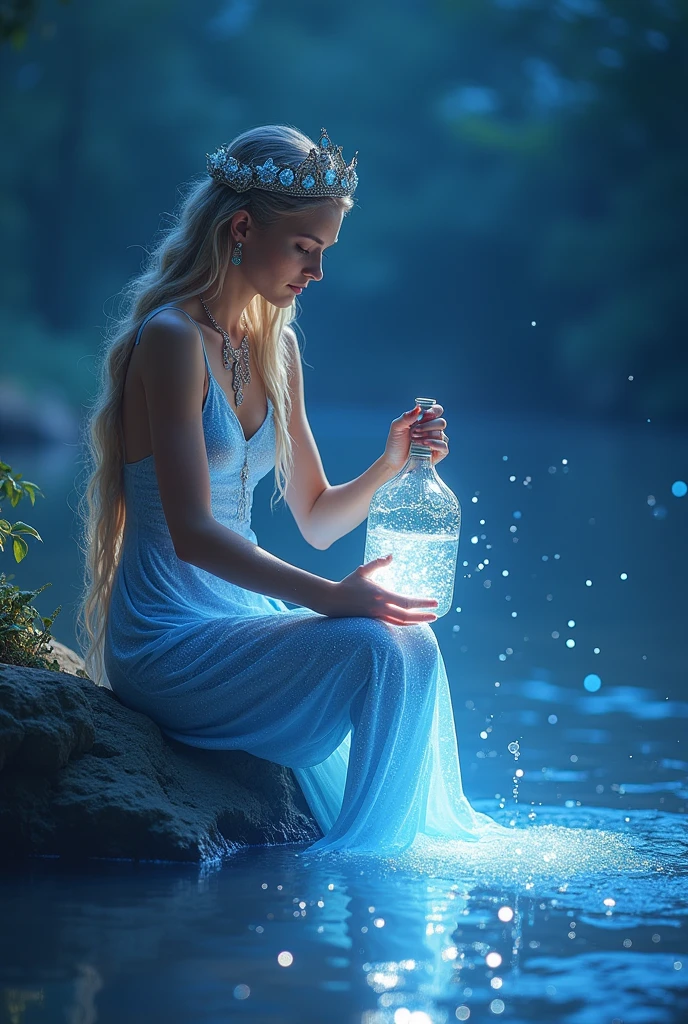 Aquarius, a female deity, exudes a gentle radiance all over her body. Sitting by the Milky Way, the water bottle in her hand flows out into a starry river，4K