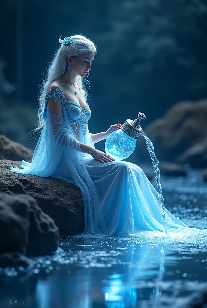 Aquarius, a female deity, exudes a gentle radiance all over her body. Sitting by the Milky Way, the water bottle in her hand flows out into a starry river,4K
