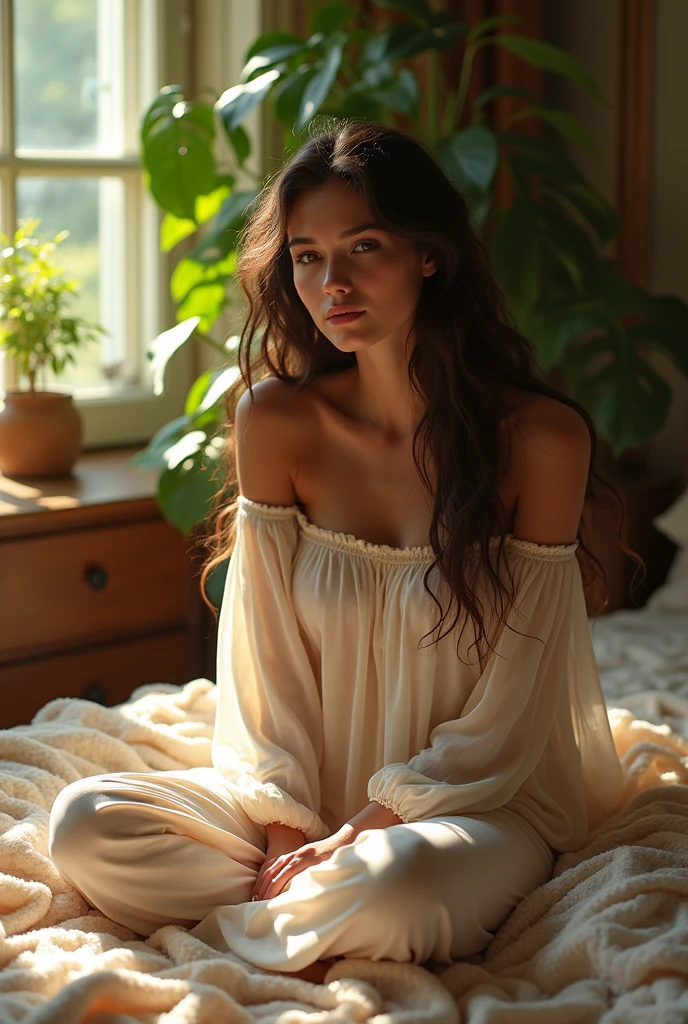 (photorealism:1.2), beautiful woman, sitting on bed, wearing loose off-shoulder top, pajama pants, long curly hair, indoors, soft lighting, plants in background, window with sunlight, cozy room, relaxed pose, realistic, intricate details, warm colors, by Greg Rutkowski, by Alphonse Mucha