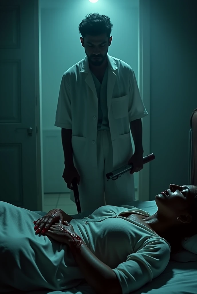 Desi Indian man who kill lady doctor at the night in the room and dead body of lady doctor soaked in too much blood in bed weapon in his hand