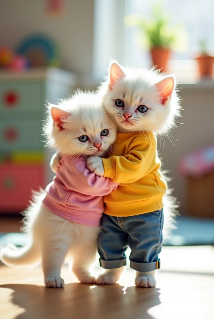 a white kitten in pink shirt and white half pant is hugged by an angry white kitten dressed in yellow shirt and blue jeans