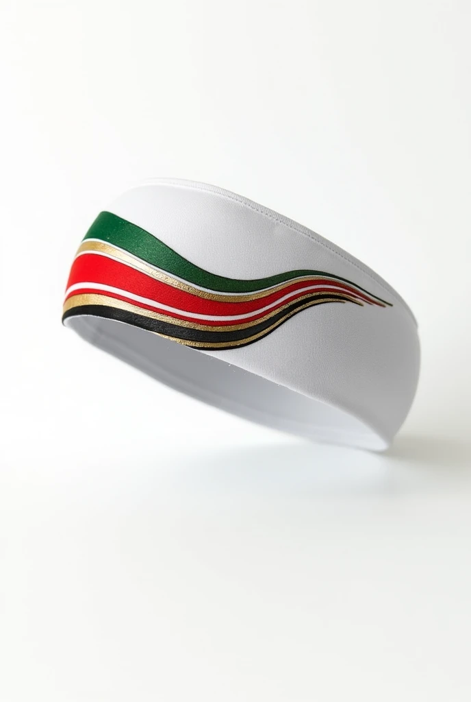 White sweat headband with stripes of lines red and green on top and stripes of lines black and gold below leaving the middle white and it should have a white background