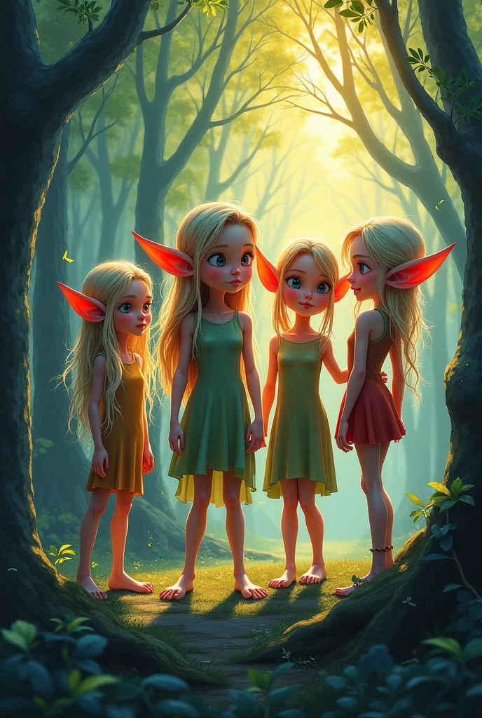 (((masterpiece))), Best Quality, Hyper detailed gouache style painting portrait of a group of beautiful elves, soft shadows, hyperrealistic textures, 8k, Best Quality, realistic cartoon features, stylized illustration, soft shadows, correct anatomy, chromatic aberration, neon reflections, global warm lights, dynamic poses, expressive facial expressions