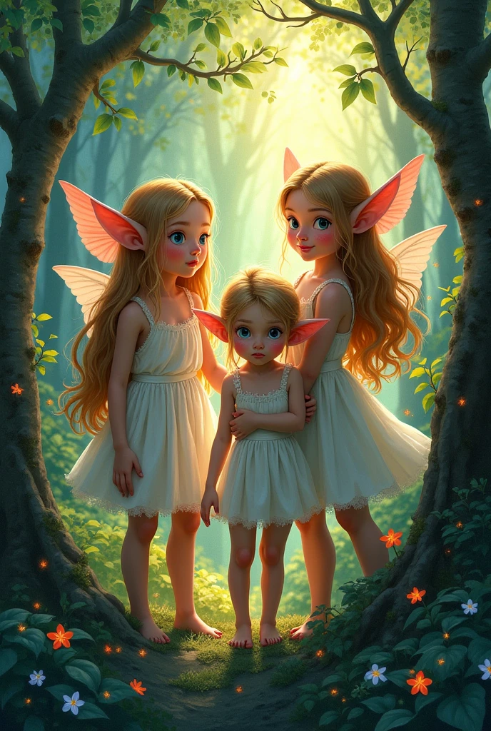 (((masterpiece))), Best Quality, Hyper detailed gouache style painting portrait of a group of beautiful elves, soft shadows, hyperrealistic textures, 8k, Best Quality, realistic cartoon features, stylized illustration, soft shadows, correct anatomy, chromatic aberration, neon reflections, global warm lights, dynamic poses, expressive facial expressions