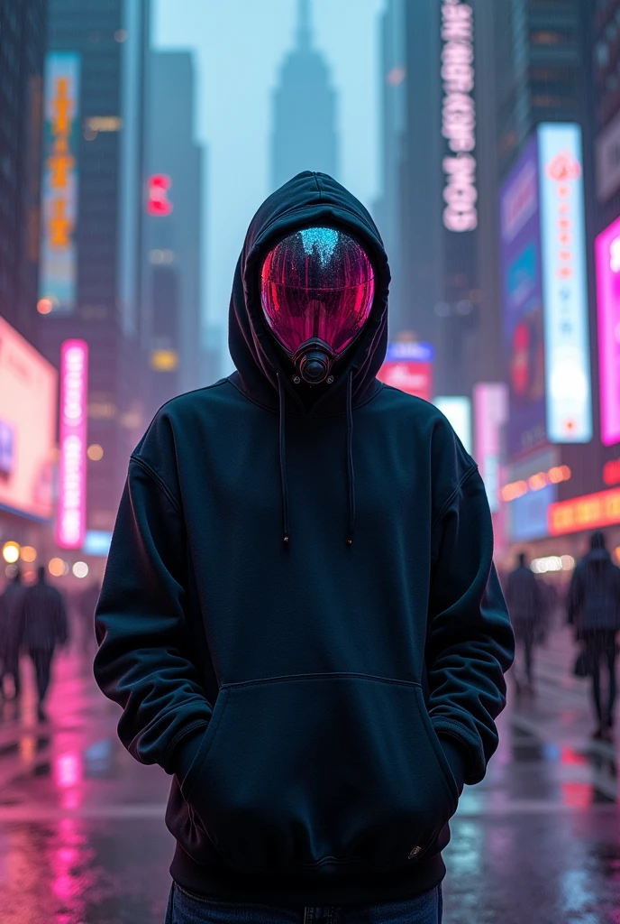 Cyberpunk guy in a dark sweatshirt against the background of the city