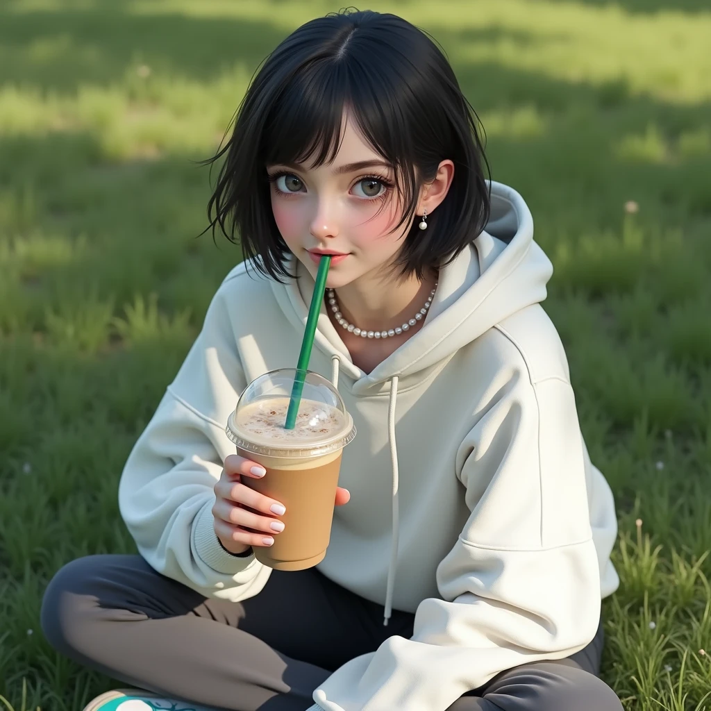 (RAW photo, best quality, masterpiece: 1.2), (photorealistic: 2), (Polish girl, 20 years old, black hair, Light grey eyes, short bob cut, hair in 7 thirds, hair over one ear, Symmetrical eyes, solo, Detailed Skin:1.1), Wearing a white oversized sweatshirt, dark grey pants, light blue and white Nike Jordans, a small pearl necklace, sitting Indian style on the grass, drinking a Starbucks latte from a clear cup with a green straw, angled slightly above, sunny, gel nails, smiling