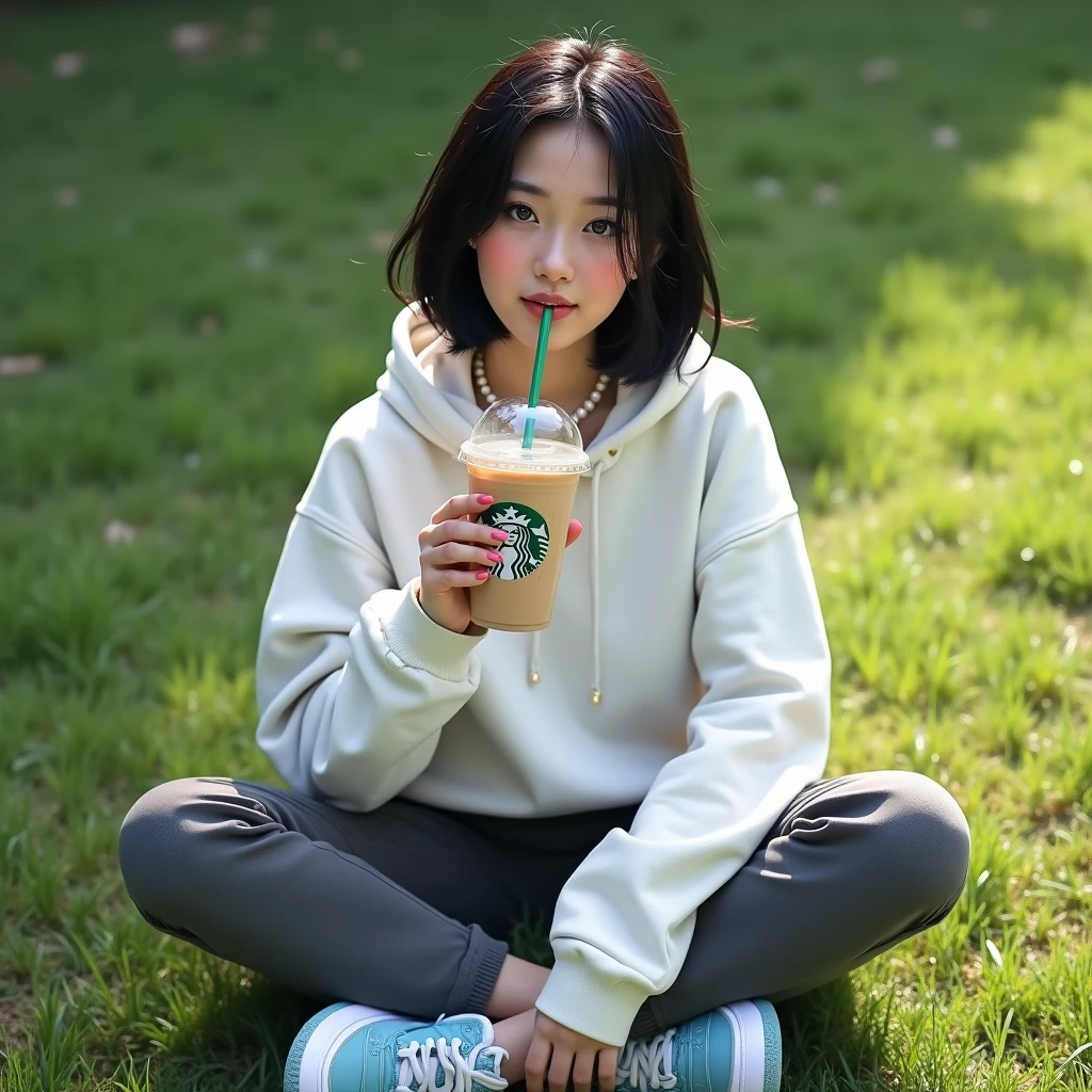 (RAW photo, best quality, masterpiece: 1.2), (photorealistic: 2), (Polish girl, 20 years old, black hair, Light grey eyes, short bob cut, hair in 7 thirds, hair over one ear, Symmetrical eyes, solo, Detailed Skin:1.1), Wearing a white oversized sweatshirt, dark grey pants, light blue and white Nike Jordans, a small pearl necklace, sitting Indian style on the grass, drinking a Starbucks latte from a clear cup with a green straw, angled slightly above, sunny, gel nails, smiling