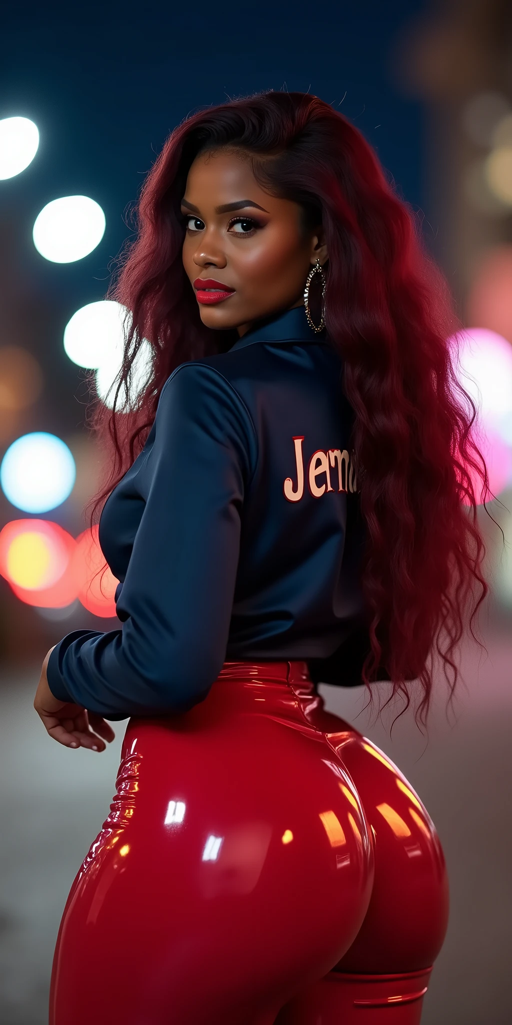 MASSIVE BUTTOCKS, MASSIVE BUTTOCKS, crimson plastic leggings, UHD, She's a dark skin melanin Queen with tiny paper-thin waist, city (at night 🌙, side body, navy blouse says "Jermaine", best quality, swanky burgundy hair, no nudity