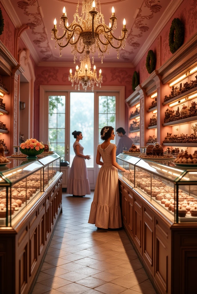 inside soft pink and brown cute victorian era theme chocolate shop, fantasy world, chocolate world