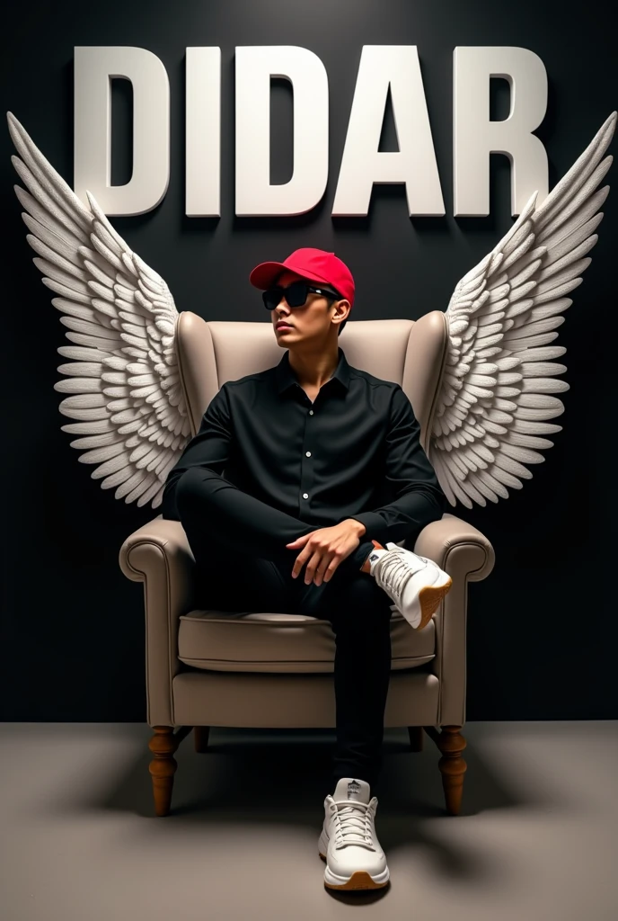 Command Prompt : Create a 3D illusion for a Instagram profile picture where a 22 year's old boy in a black shirt sits casually on a Wingback Chair. Wearing sneakers, a Red cricket cap, and sunglasses, he looks ahead. The background features "DIDAR" in big and capital white fonts on the black wall. There should not be his shadow, and there are wings to make it appear as if he is an angel.