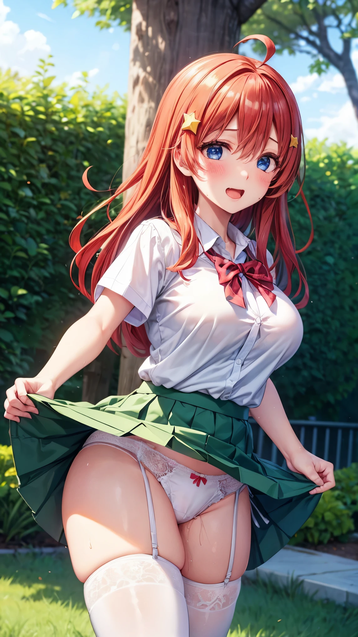 best quality,1girl,((:1.1)),orgasm,blust,steam,itsuki nakano, bangs, blue eyes, hair between eyes, ahoge, red hair, star \(symbol\), hair ornament, star hair ornament,((school uniform, white shirt, green skirt, mini skirt, lift skirt, upskirt, white ths,white panties,lace panties:1.1en,walking,puce