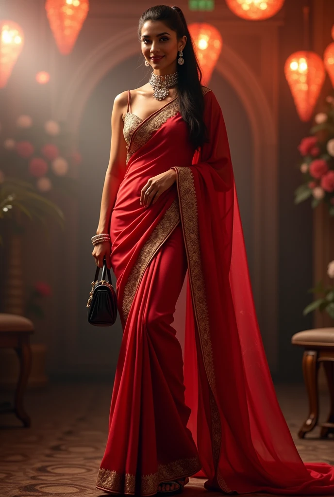 Full body image length including feet and sandals, full length photograph, 32 years old female, sexy saree and blouse with purse, party mood, big cheeks, super stylish dress with firm 36C cup breasts, accessories, earrings, necklace, erotic face, ponytail, look at viewer and smile, (cinematic:1.3), intricate details, (ArtStation:1.2)