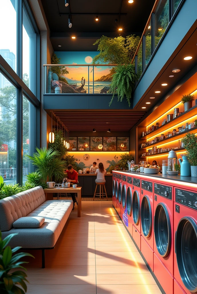 A self-service laundry shop with a cafe on the second and lower floors. It is a laundry place.