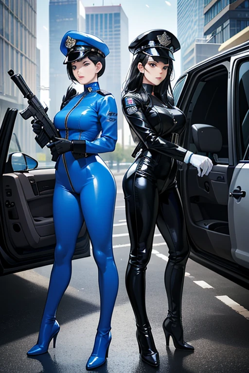 Two black-haired mature women in blue patent leather catsuits, wearing white gloves, white boots and police caps, holding submachine guns at the scene of a crime　Police car