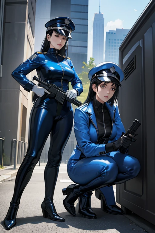 Two black-haired mature women in blue patent leather catsuits, wearing white gloves, white boots and police caps, holding submachine guns at the scene of a crime Police car