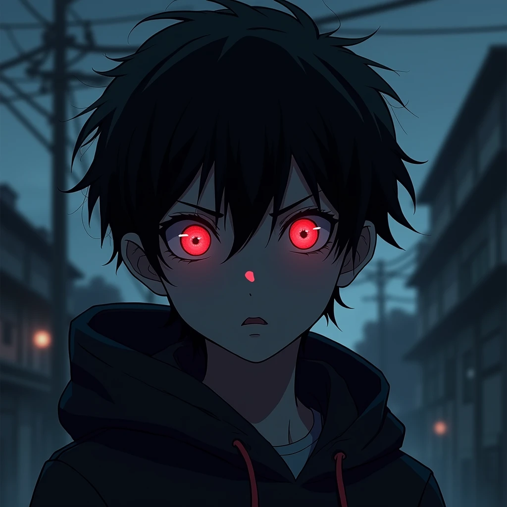 Anime boy, portrait wearing a mouth mask,,black hair and red eyes,empty eyes, highly detailed anime artstyle, wearing a hoodie, menacing eye glare, robotic eye's, vibrant colors, night, monochrome,8k,16k, HD, unparalleled masterpiece, dynamic lighting, cinematic, epic