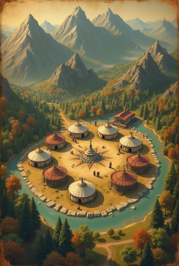 "Design a complete, historically accurate map of the Kayı tribe during the time of Ertuğrul Ghazi. The map should feature the tribe's settlement with traditional elements like yurts (hut-type tents) arranged in a circular pattern around a central meeting area. Include specific details such as stables for horses, a market area with simple stalls, and communal spaces. The landscape should show the surrounding natural features like forests, rivers, and mountains that were crucial to the tribe’s daily life and defense. Use aged parchment textures with muted earth tones, and incorporate period-appropriate symbols and calligraphy for a true medieval feel."