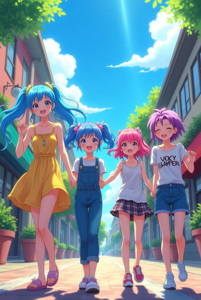 generate an anime image about four best friends (3 girls and 1 gay) playing on the streets