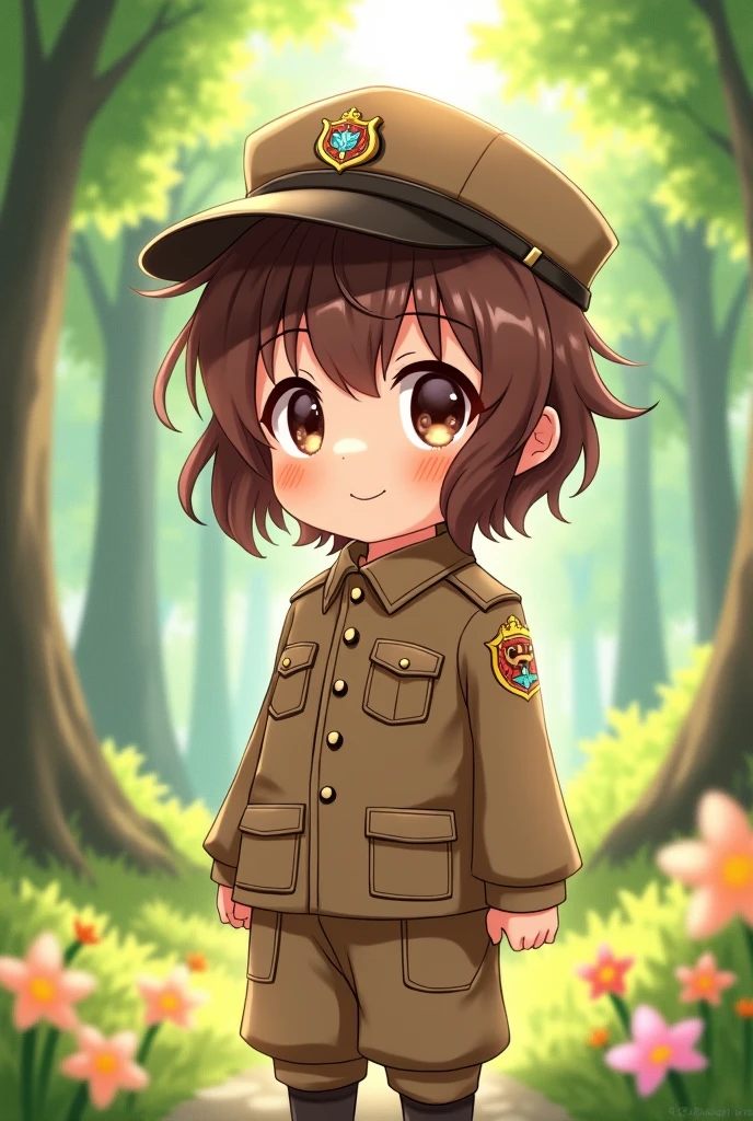 Brown combat uniform Child cute anime Wearing a hat My hair is brown