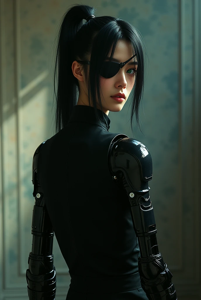 Long Hair, ponytail, Black Hair, Filmography、Eye patch、Skinny、With bangs、Green Eyes、right hand prosthesis、male