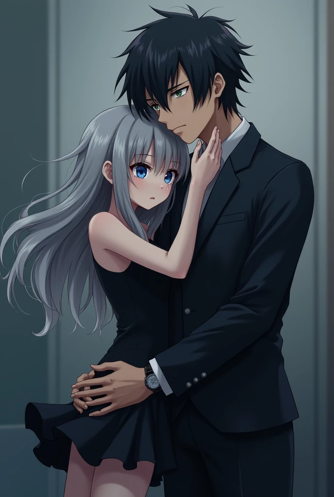 18 year old anime girl with gray hair and blue eyes wearing a short black dress crying loudly in the arms of a 25 year old young man with brown hair, green eyes and sharp and serious features and the girl holding his shirt tightly and crying in a blurry background 