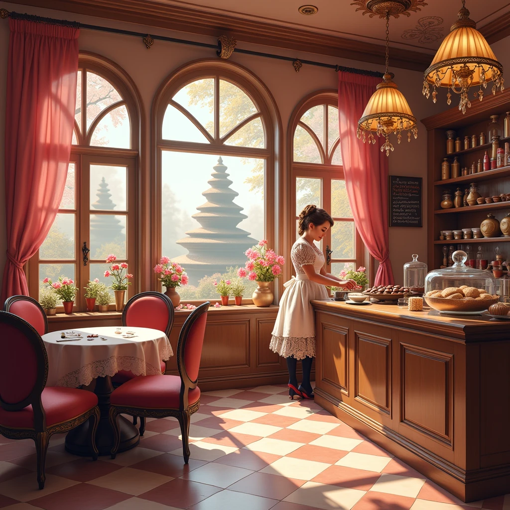 inside soft pink and brown cute victorian era theme chocolate shop, fantasy world, chocolate world