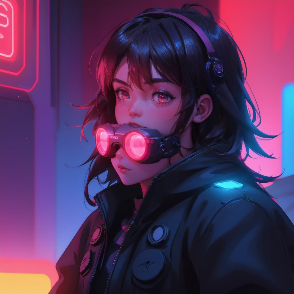 A neon-lit scene with a futuristic vibe, featuring laser goggles emitting red beams. In place of the ape character, a beautiful, cute girl with similar goggles and a focused expression, styled to match the scene. The background, including the neon lights and overall color scheme, remains exactly the same, preserving the original feel of the image.
