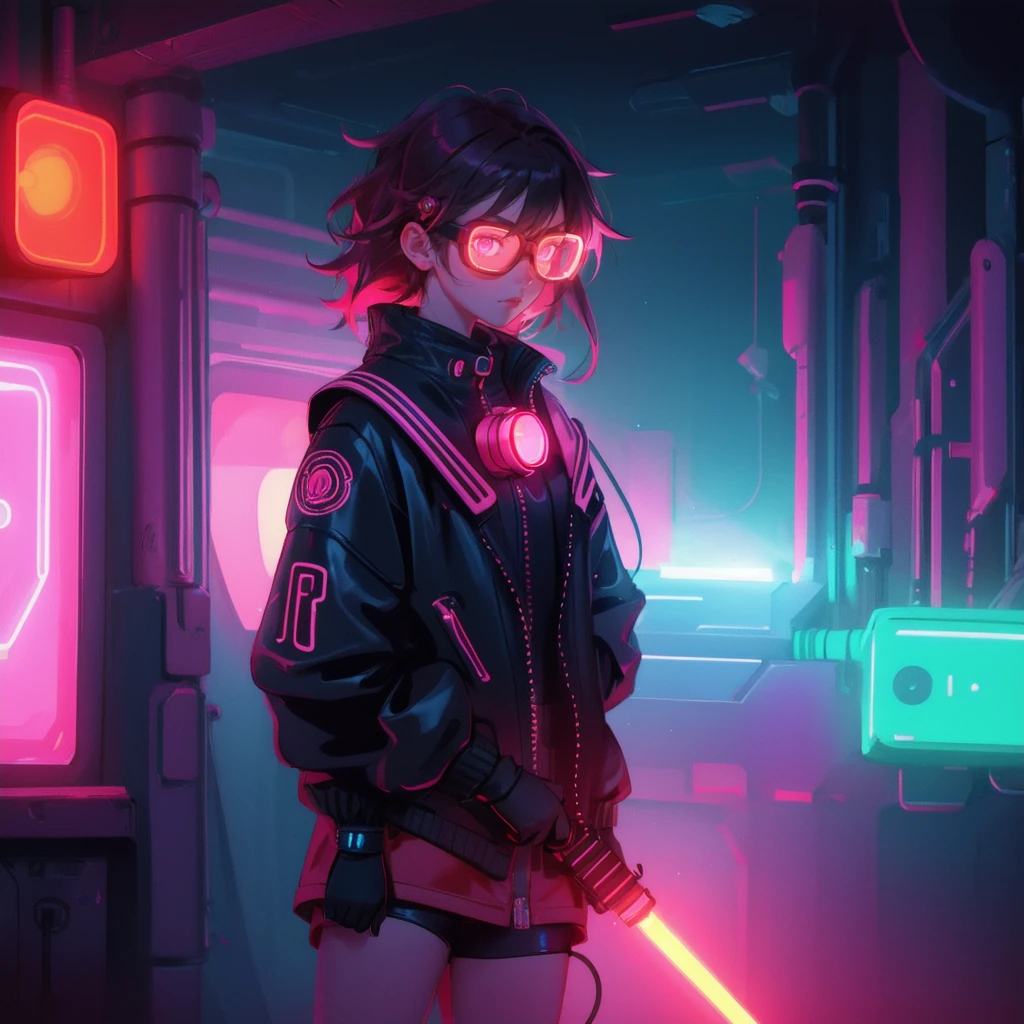 A neon-lit scene with a futuristic vibe, featuring laser goggles emitting red beams. In place of the ape character, a beautiful, cute girl with similar goggles and a focused expression, styled to match the scene. The background, including the neon lights and overall color scheme, remains exactly the same, preserving the original feel of the image.