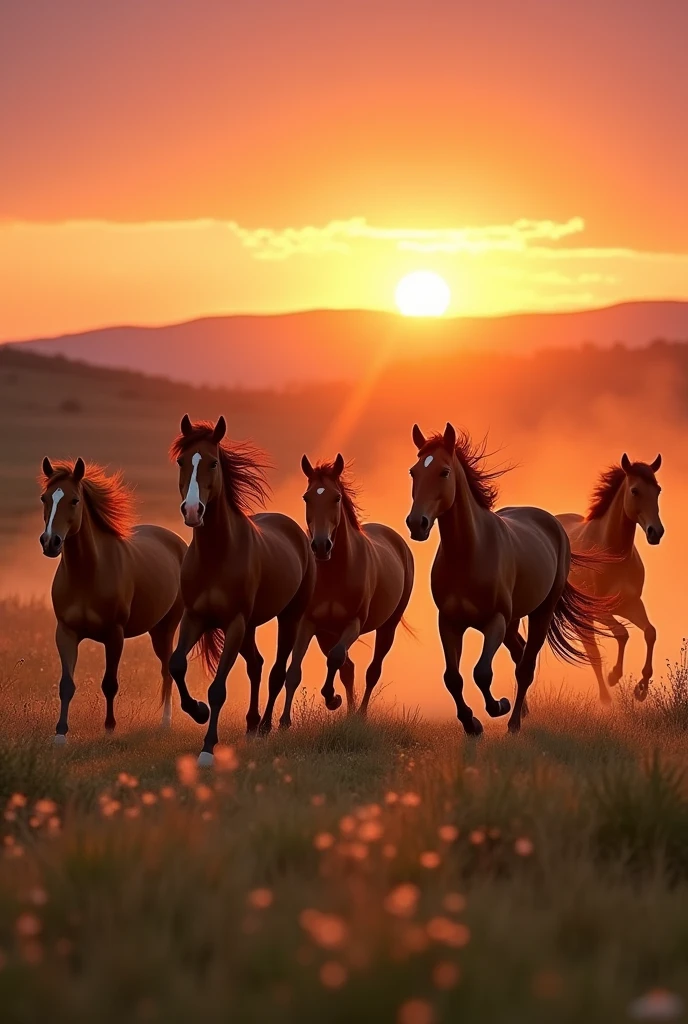 An sunrise with hourses running