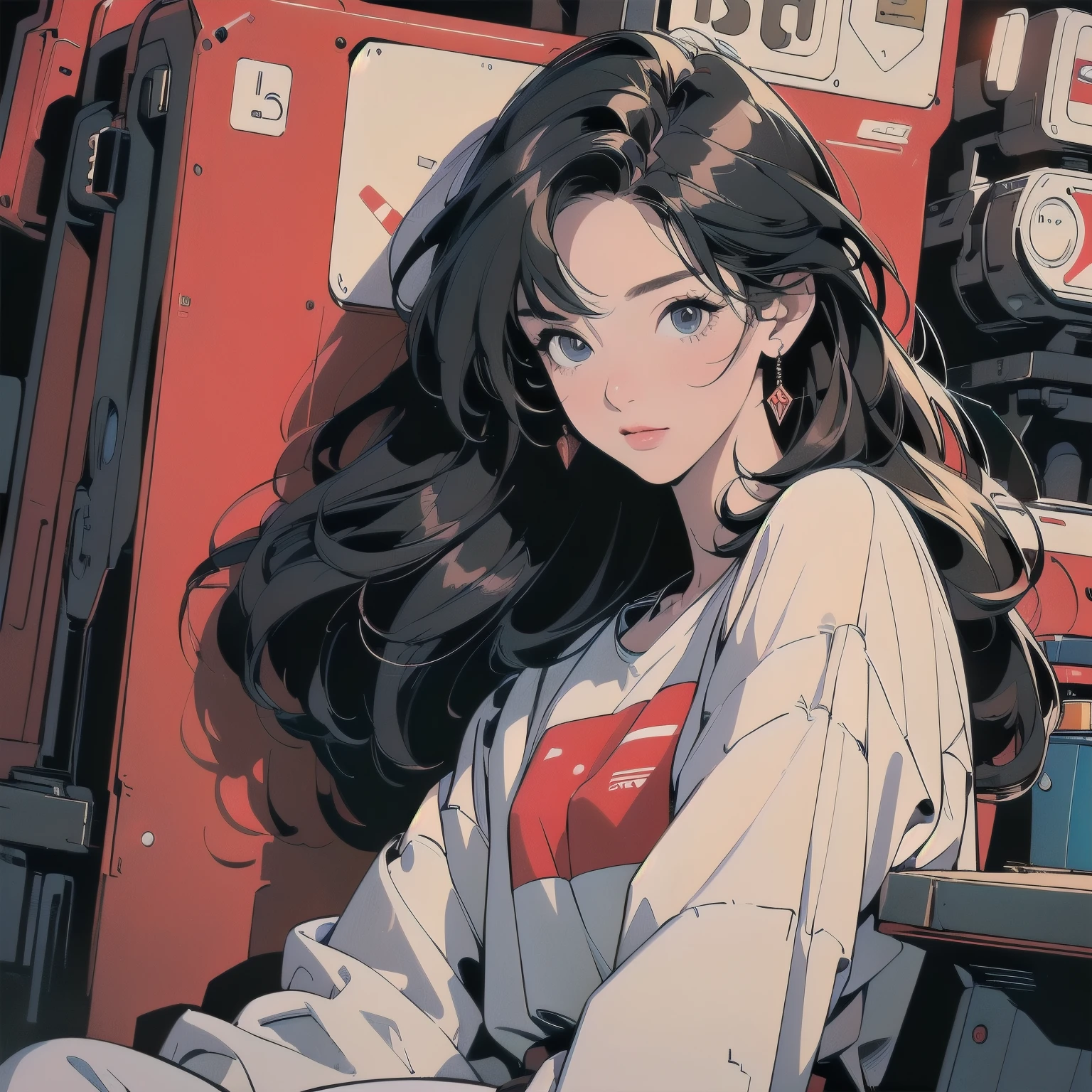 (((masterpiece, Highest quality)))、(((32K Wallpapers)))、The most detailed machine、(((The most complete and detailed red futuristic machine and a woman)))、The most detailed background、(((Flat Chest)))、(((Surrounded by many complex, sophisticated, futuristic machines)))、head shot,((((more various angle))))、((Overall colorfully))、A perfect machine、(((Perfect Face)))、(((The most complete machine of the future)))、Detailed Hair、Short sleeve white T-shirt、(((マクドナルドのポテトを食べる)))