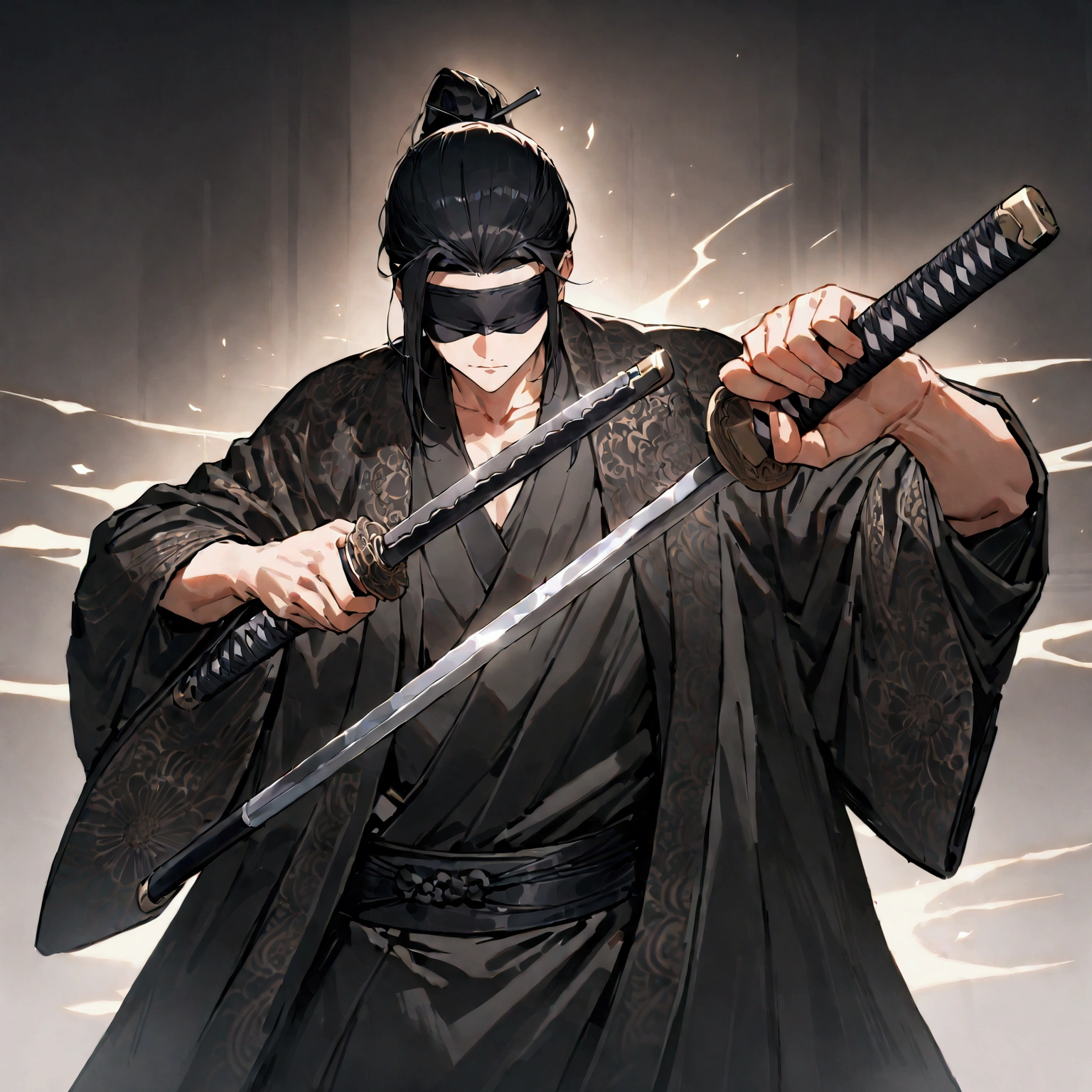 ((masterpiece)), ((best quality)), ((perfect anatomy)), (Kagurabachi pose:1.36), (perfect hands), 1man, solo, long black hair, blindfold, black ornate robe, unsheathing katana 