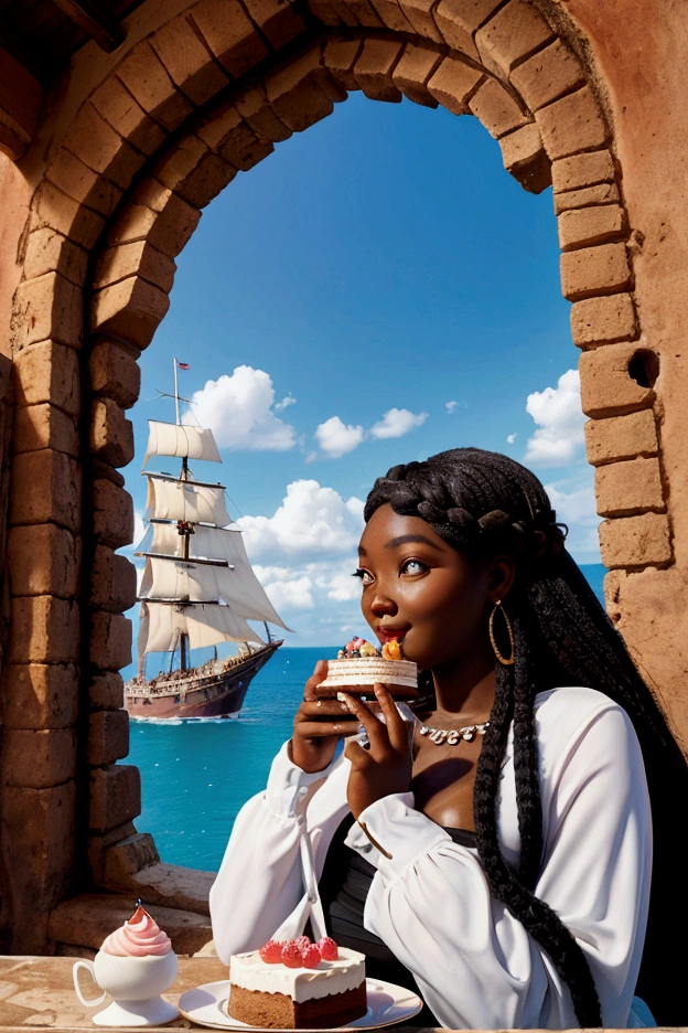 A fat African princess, black skin, white eyes, long hair, very beautiful, eating cake in an ancient castle, looking out to the sea, with a junk ship sailing. She is happy, her face is full of joy.