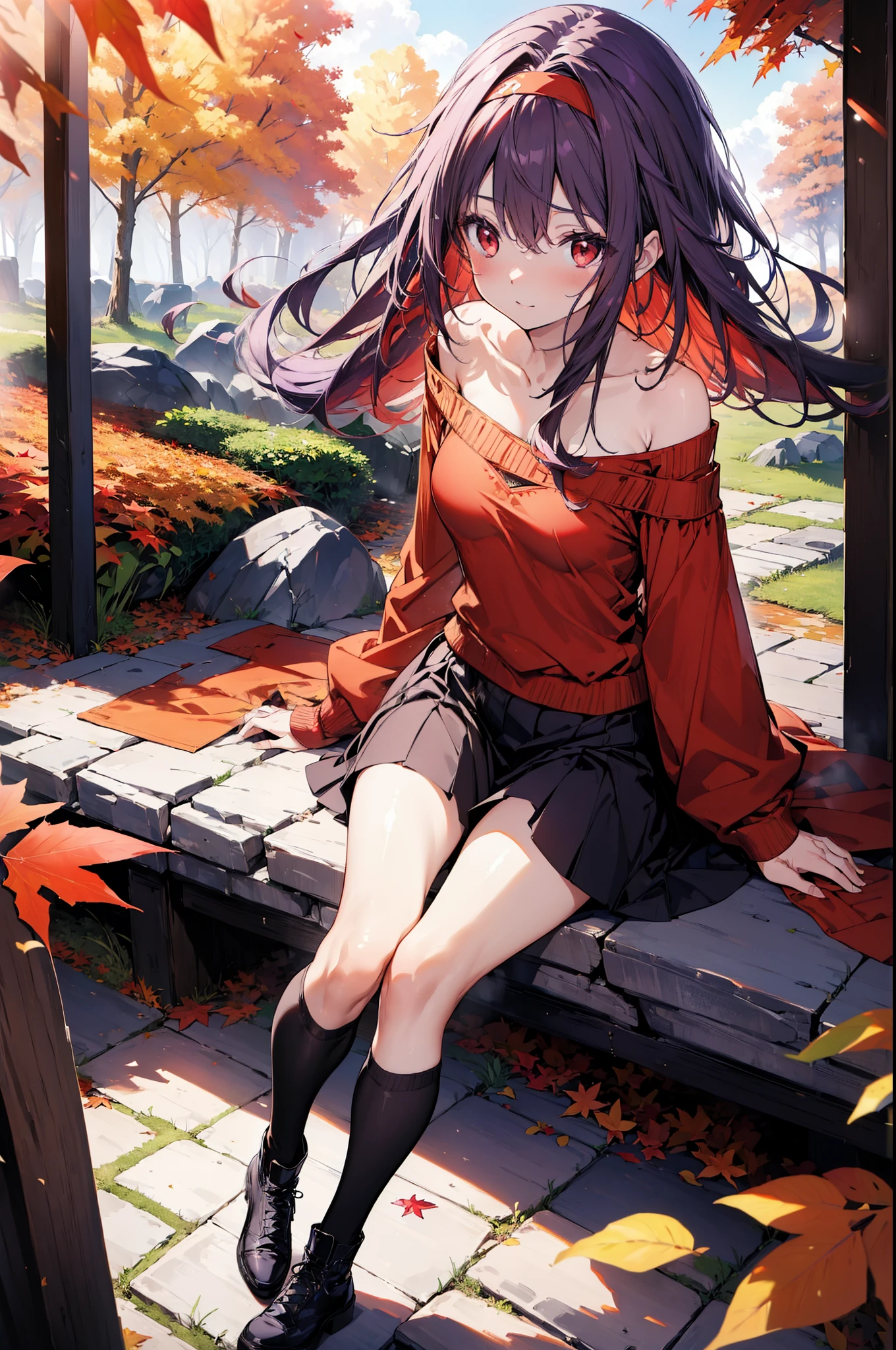 yuukikonno, Yuuki Konno, hair band, Long Hair, Pointed Ears, Purple Hair, Ahoge,(Red eyes:1.5), (Small breasts:1.2), smile,blush,Close your mouth,Purple one-shoulder sweater,mini skirt,Black tights,short boots,Walking,autumn leaves,autumn leaves,scattered,autumn leavesが積もっている,Autumn sky,whole bodyがイラストに入るように,
break looking at viewer, whole body,
break outdoors, garden,forest, nature,
break (masterpiece:1.2), Highest quality, High resolution, unity 8k wallpaper, (figure:0.8), (Beautiful attention to detail:1.6), Highly detailed face, Perfect lighting, Highly detailed CG, (Perfect hands, Perfect Anatomy),