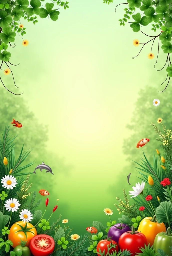 Create a vibrant, nature-themed wallpaper filled with a variety of healthy elements and emojis. The background should be a soft, natural green gradient representing the freshness of nature. The wallpaper should include various plants like shamrock leaves, herbs, trees, and flowers (e.g., ☘️🍀🪴🌴🌵🌳🌾🌱🌿💐🌹🌺🪷🌸). Additionally, include animals that symbolize health and well-being, such as dolphins, birds, and fish (e.g., 🐬🐟🐳🦭🐧🦃🦆🦚🦩🦜🦢🐦🐔). Finally, add a variety of healthy vegetables and fruits to emphasize the theme of wellness (e.g., 🍅🌶️🍠🧅🥔🫑🌽🍆🌰🫘🌽🥦🥒🥬). Arrange these elements harmoniously across the wallpaper, ensuring the overall design is balanced, lively, and visually appealing."